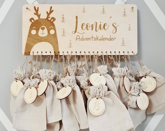 Personalisierter Adventskalender mit Name, Weihnachten, Adventskalender aus Holz, Advent, Jutesäckchen, Adventskalender zum befüllen, Kinder