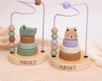 Personalized wooden spiral with name — Baby Bear or Crocodile motor skills toy, beaded spiral, gift for birth or christening, wooden bead maze