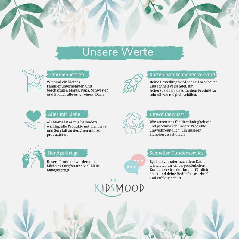 May include: A green and white illustration of a family business, free shipping, love, eco-friendly practices, and customer service. The text reads "Our Values", "Family Business", "Free Fast Shipping", "All with Love", "Environmentally Conscious", "Handmade", and "Fast Customer Service".