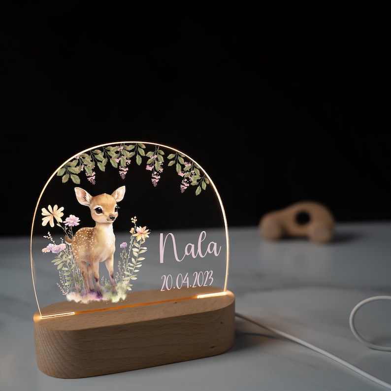 Lampe de nuit personnalisée en acrylique, cadeau bébé naissance, cadeau baptême, chambre d'enfant, cadeau anniversaire, cerf, Bambi, cadeau personnalisé image 8