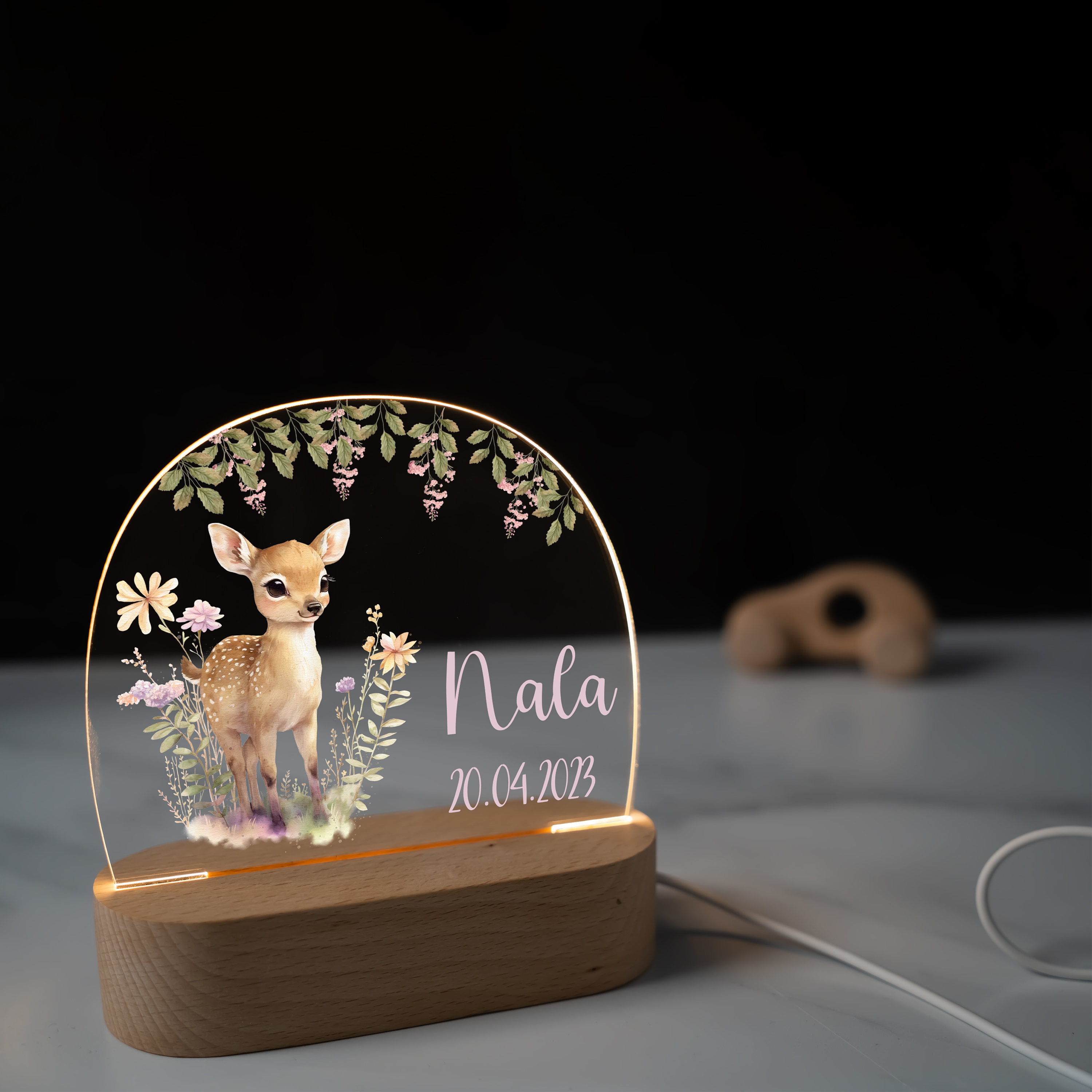 Veilleuse Personnalisée Bébé Avec Nom Et Date – Lampe LED Nuit Animaux – Idée Cadeau Naissance, Baptême, Noël