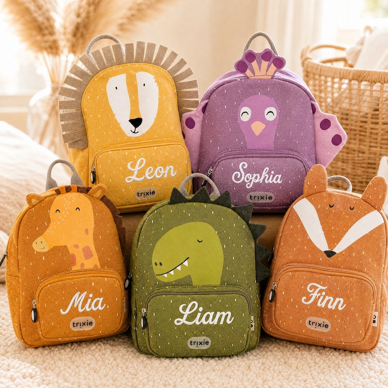 Trixie Kindergartenrucksack personalisiert in Tierform mit weiß gesticktem Namen, Klein und Groß nebeneinander