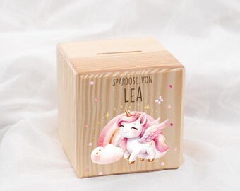 Salvadanaio personalizzato con nome e motivo unicorno | Regalo per battesimo e nascita | Salvadanaio per bambini personalizzato in legno