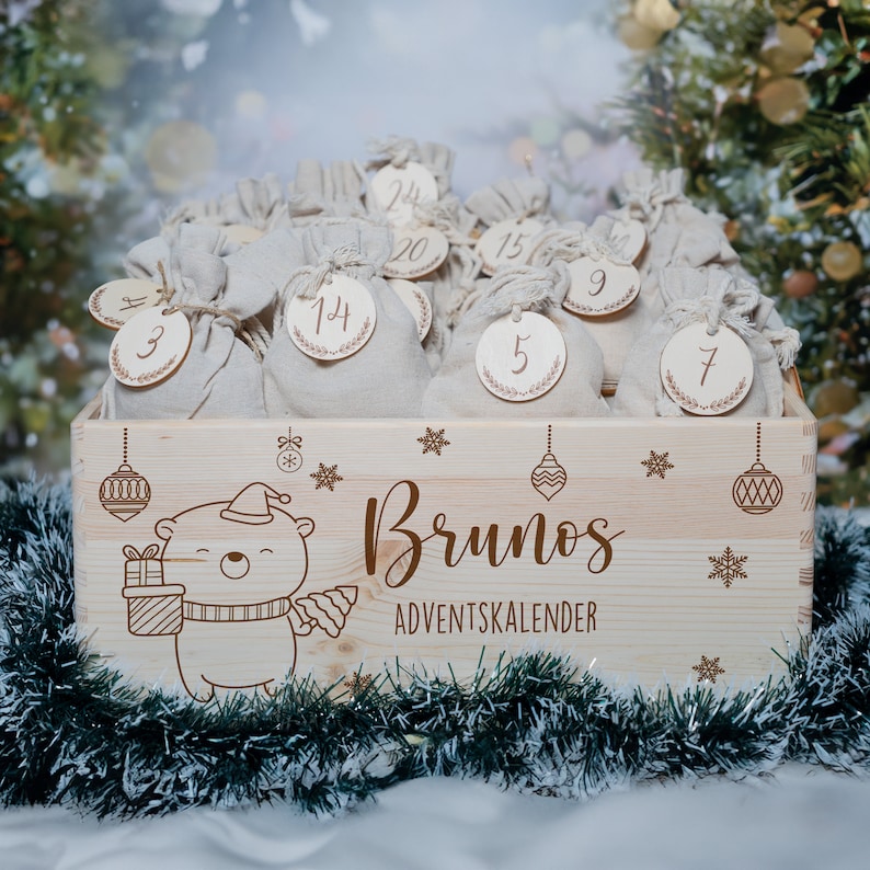 Personalisierter Adventskalender mit Name, Weihnachten, Adventskalender aus Holz, Advent, Jutesäckchen, Adventskiste zum befüllen, Kinder Bild 4