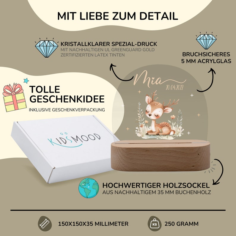 Personalisierte Kinderzimmer LED-Lampe mit Namen, Nachhaltige Echtholz, Dimmbares Nachtlicht, Babygeschenk Geburt, Taufgeschenk Bild 4