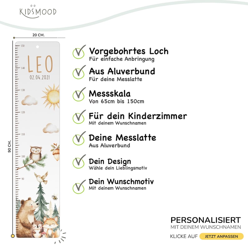 May include: A rectangular growth chart measuring 20 cm by 90 cm, featuring a pre-drilled hole, a measurement scale from 65 cm to 150 cm, and illustrations of a bear, fox, owl, sun, and clouds, with the name LEO and date 02.04.2021.