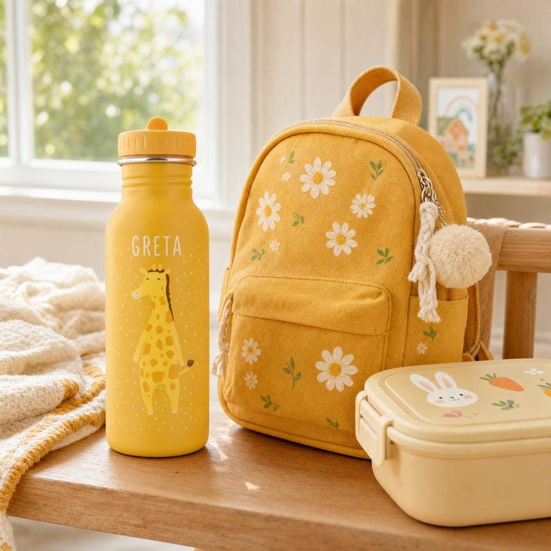 Personalisierte Trinkflasche als Geschenk zur Einschulung mit Tiermotiv und graviertem Namen