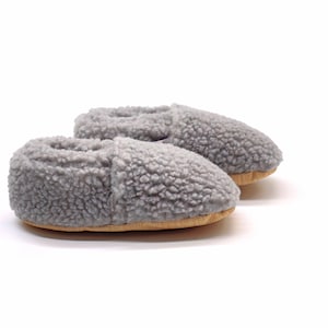 Teddy Grey Plush Non-Slip Baby Moccasins - Soft Cotton Infant Shoes, Toddler Moccs - Adorable Baby Shower Gift
