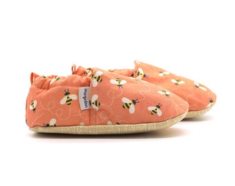 Bee Happy Orange Baby Moccasins, Baby Cotton Shoes, 100% Genuine Cotton Moccs, Toddler Moccasins, Baby Moccs, Baby Shower Gift