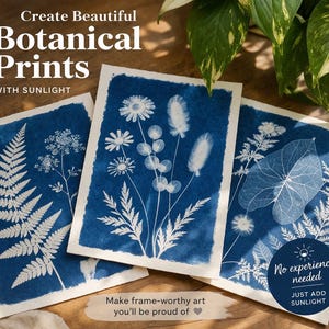 May include: Three botanical prints with white plant silhouettes on a deep blue background. The prints feature ferns, daisies, and other plants. Text on the image reads "Create Beautiful Botanical Prints With Sunlight" and "No experience needed JUST ADD SUNLIGHT."