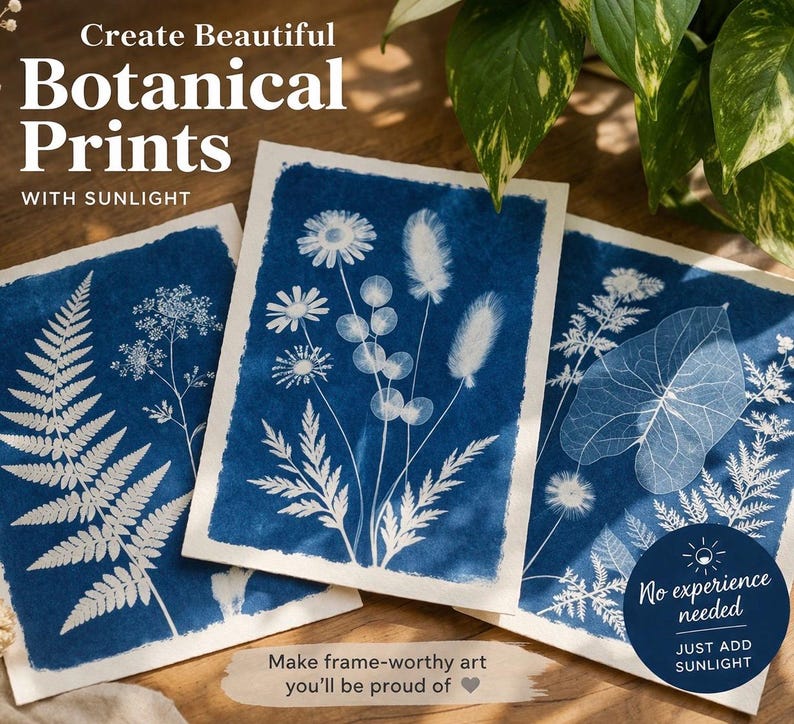 May include: Three botanical prints with white plant silhouettes on a deep blue background. The prints feature ferns, daisies, and other plants. Text on the image reads "Create Beautiful Botanical Prints With Sunlight" and "No experience needed JUST ADD SUNLIGHT."
