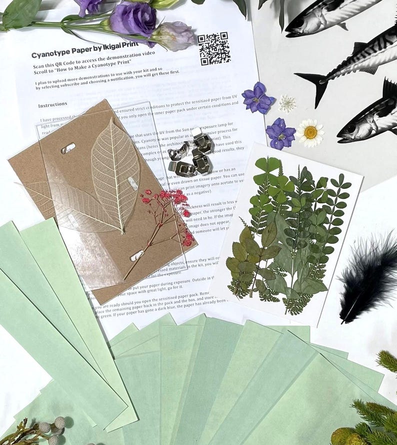 May include: A cyanotype printmaking kit with paper, dried leaves, flowers, and instructions. The kit includes a sheet with the text "Cyanotype Paper by Ikigai Print". The image also features fish illustrations and a black feather.