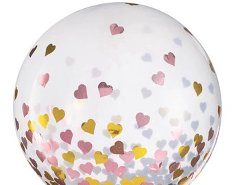 24" Latex  Balloons w/ Confetti Hearts, Pink/Gold, Valentine Day Balloons, Heart Balloons,