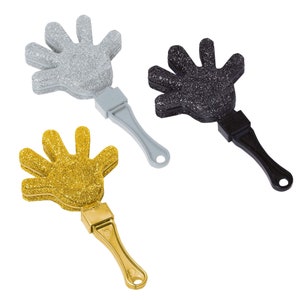 May include: Three hand clappers with glitter. One is silver, one is black, and one is gold.