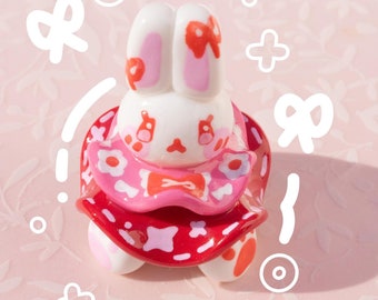 Cutesy dress-up clay bunny, desk buddy, handmade polymer clay figurine