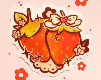 Pegatina de vinilo troquelada brillante de color rojo fresa dulce, fruta, linda, resistente a la intemperie.