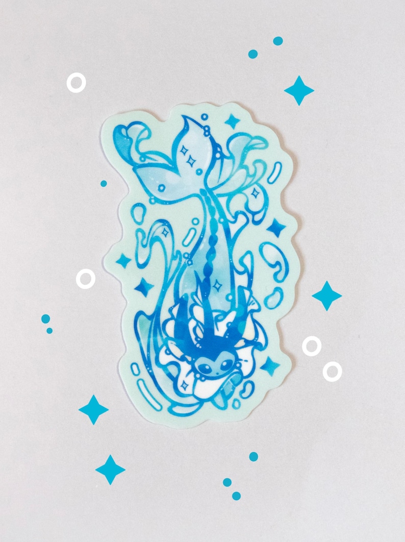 May include: A blue and white sticker featuring a mermaid with a long tail and a crown. The mermaid is surrounded by bubbles and stars.