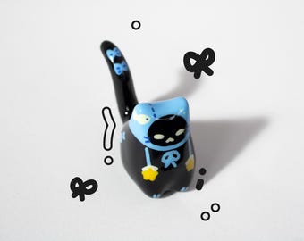 Black cat with beanie, polymer clay, desk friend, ear flap star buddy