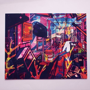 A bizarre world art print, floating objects, colorful