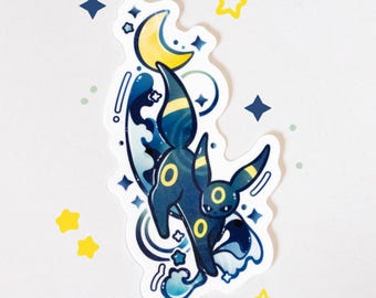 Pegatina brillante de luz de luna, Umbreon de tipo oscuro, noche estrellada nublada