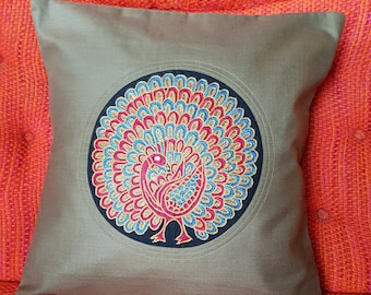 Pillow cover hand embroidered peacock boho India embroidery decoration pillow