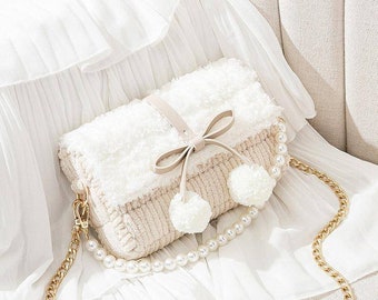 DIY Bag Kit with Tutorial Video Plastic Canvas Chain bag Chunky yarn  Fuzzy yarn Lovely Cute Purse