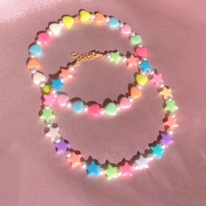 Stars and Heart Beaded Necklaces, Beaded Necklace, Handmade Necklace, Pearly Necklace, Gift for Her