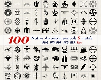 Paquete de 100 símbolos nativos americanos archivos png, jpg, pdf, svg, eps tomados de cerámica, textiles y pictografías (402 archivos)