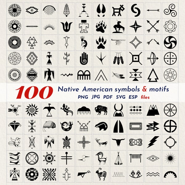 native american  100  Symbols Bundle  png , jpg , pdf , svg , eps files taken from pottery, textile and pictographs ( 402 files )