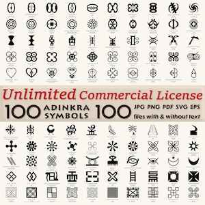 unlimitted commercial license for 100 Adinkra African Symbols Bundle  png , jpg , pdf , svg , eps files with text & without text (802 files)