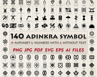 140 Adinkra African Symbols Bundle + adinkra alphabet + numbers  png , jpg, pdf, svg , eps Ai files with text & without text (1548) files