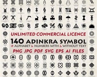 unlimited commercia license 140 Adinkra Symbols Bundle+adinkra alphabet & numbers  png, jpg, pdf, svg, eps, Ai files with text +without text
