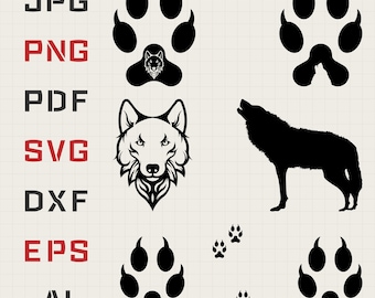 Wolf silhouette & Wolf paw silhouette bundle   Svg , Ai , Pdf , Jpg , Png , Dxf , Eps ( 49 files )