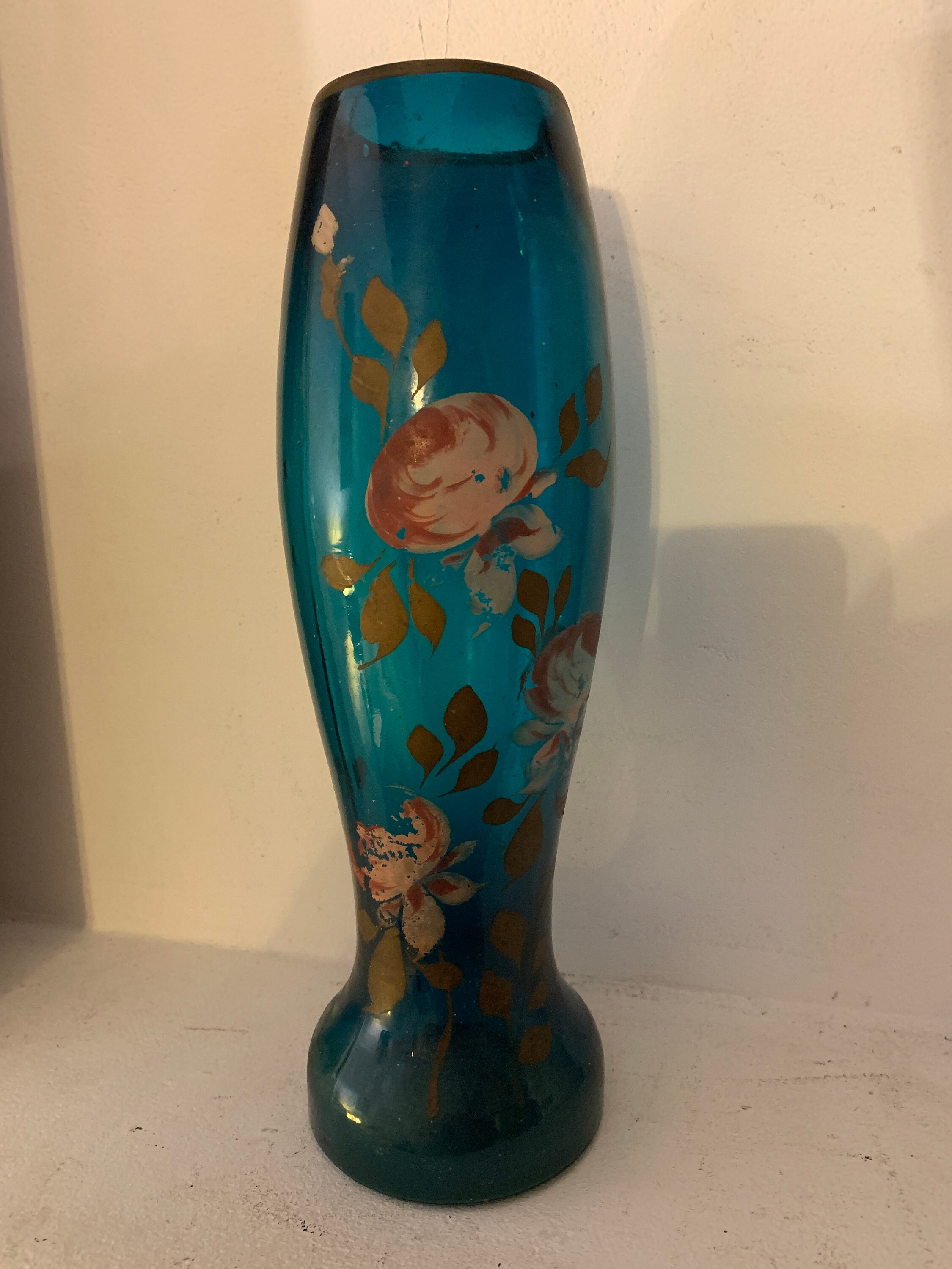 Ancien vase fin 19ème en verre bleu avec fleurs vintage Etsy