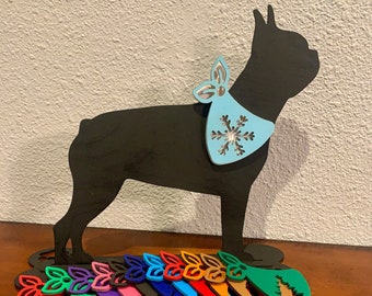 Wood Boston Terrier Silhouette with Stand and 12 Interchangeable Bandannas. Year Round Decor. Shelf Sitter