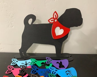 Pug Silhouette  with stand and 12 interchangeable bandannas-perfect for Birthday Gift-Shelf Sitter