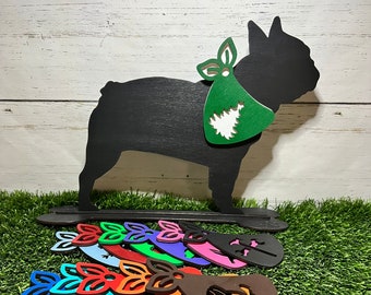 Wood French Bulldog Dog Silhouette withy stand and 12 monthly interchangeable bandannas. Shelf sitter. Year Round Decor