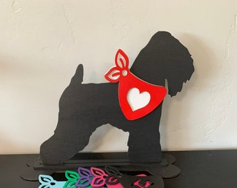 Soft Coated Wheaten Terrier Silhouette with stand and 12 interchangeable monthly bandannas YEAR round dog decor. Shelf Sitter