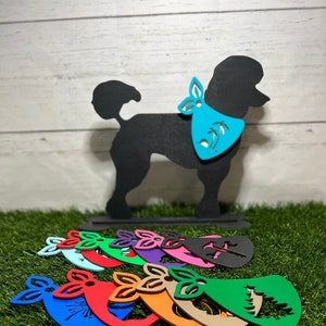 Wood Poodle Dog Silhouette with Stand and 12 Interchangeable Bandannas-Scarfs. Year Round Dog Decor. Shelf Sitter. Poodle Memorial