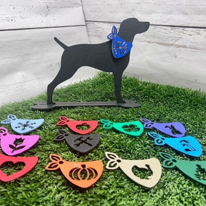 Wood Weimaraner dog with cropped tail silhouette with dog bone base and 12 bandannas for year round decor Dog Christmas Gift. Dog Memorial