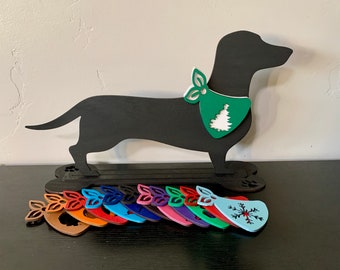Wood Dachshund Dog Silhouette with stand and 12 Monthly interchangeable bandannas. Shelf Sitter. Year Round Decor