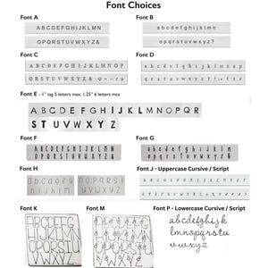 May include: Image showcasing various font styles for personalized items. The fonts are displayed in uppercase and lowercase letters, with examples of each style. Font styles include serif, sans-serif, and script options.