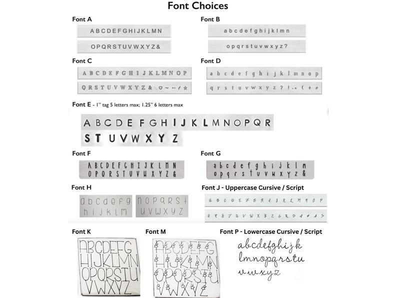 May include: Image showcasing various font styles for personalized items. The fonts are displayed in uppercase and lowercase letters, with examples of each style. Font styles include serif, sans-serif, and script options.