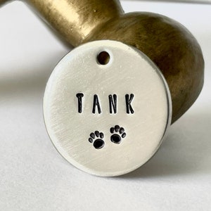 May include: A silver, circular pet tag with the name "TANK" stamped in black capital letters. Below the name are two paw prints. The tag has a small hole at the top for attachment.