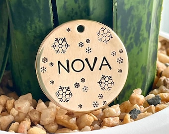 Hand Stamped Snowflake Dog Tag, Custom Winter Pet Tag