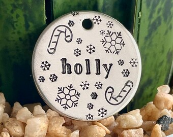 Hand Stamped Winter Snowflake Dog Tag, Personalized Pet Tag