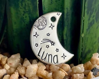 Hand Stamped Moon Pet Tag, Celestial Night Sky Dog Tag