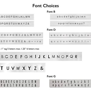 May include: Image showcasing font options for personalized items. Seven different fonts are displayed, each with the alphabet and special characters. Font E specifies a 1-inch tag with a 5-letter maximum and a 1.25-inch tag with a 6-letter maximum.