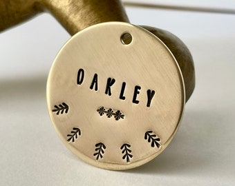 Hand Stamped Brass Pet Tag: Boho Forest Tree Design