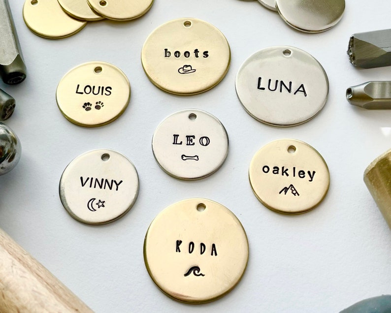Simple Custom Hand Stamped Dog Tag, Dog Tags for Dogs, Pet Id Tag, Personalized Dog Tag, Stamped With Wonder, Dog Tags for Dogs Personalized image 1